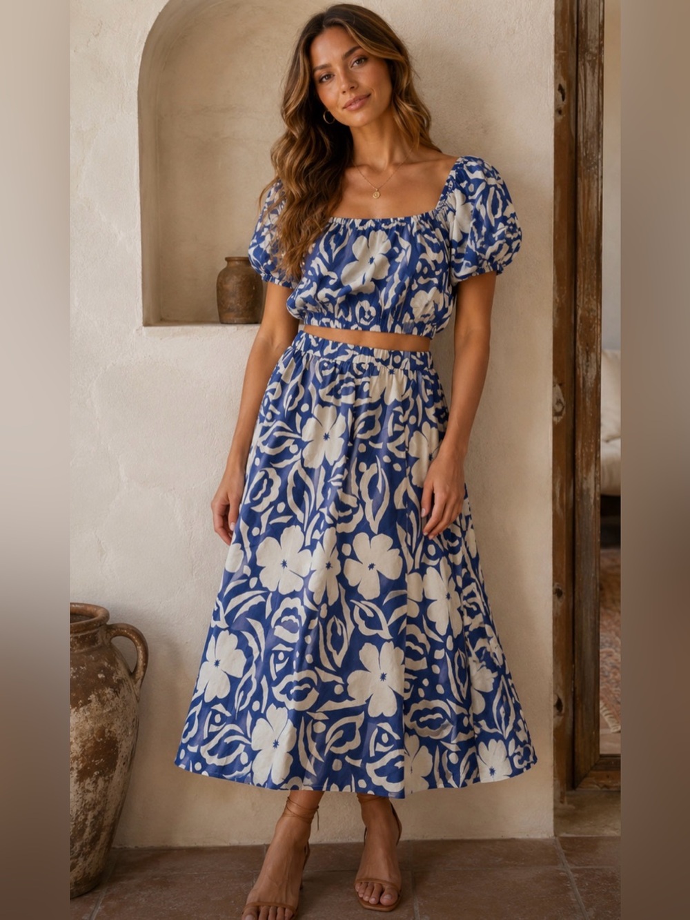 First Love by Lovelyn Blue Floral Skirt and Top Set. Size Large